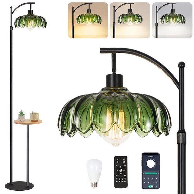 Arc Floor Lamp with Table and Shelves,Black Floor Lamp for Bedroom Glass Floor Lamps with Remote Control & 3 Color Temperature,Modern Standing Lamp Tall Flower Floor Lamps for Living Room Corner