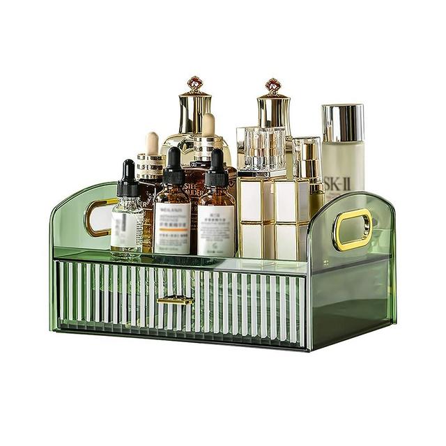 DASITON Vintage striped Makeup Brush holder Organizer,Acrylic Drawers Makeup Organizers,Spacious Cosmetic Display Case,Jewelry Storage,for Vanity,Bathroom,Desk Storage Container（Green）