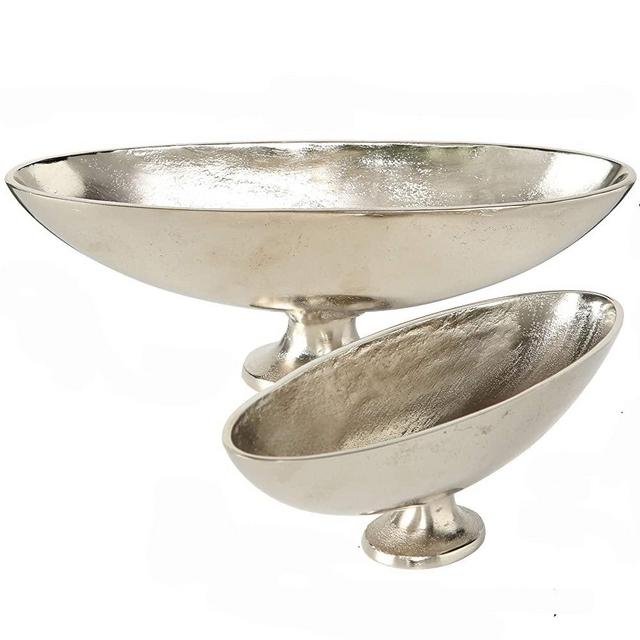 WHW Whole House Worlds Crosby Street Banana Boat Bowls, Set of 2, Pedestal Base, Hand Cast Silver Aluminum, Craft Finish, 13.75 L x 4.25 W x 5.0 H inches and 11.0 L x 4.0 W x 3.5 H in