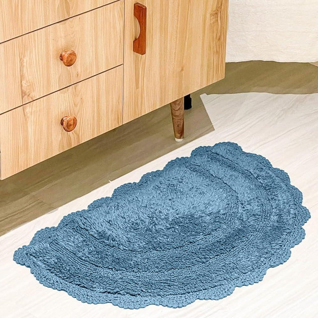 Chardin home Provincial Blue Crochet Bathrug,100% Cotton Semicircle bathmat with artisanally Handcrafted Crochet Border, 20x32 Inch D Shape, Perfect for Half Baths, Powder Rooms, bathrooms