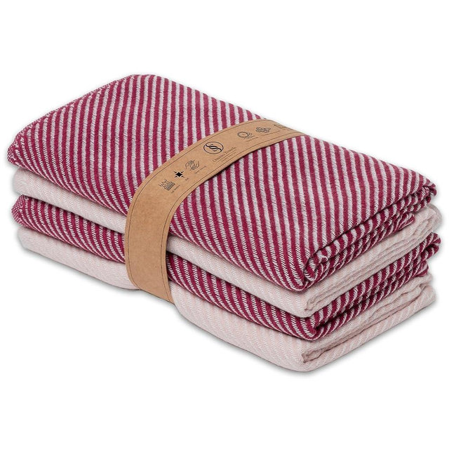 Ossano Towels Kitchen Towels Set of 4 - Hand Towel, Dish Cloths, Tea, Drying, Cleaning - Lint Free Dish Towels for Kitchen with Hanging Loop - Decorative Dual Color, Burgundy and Powder (30"x20")