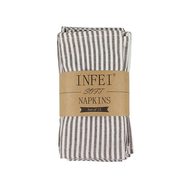 INFEI Soft Plain Striped Linen Cotton Dinner Cloth Napkins - Set of 12 (17 x 17 inches) - for Events & Home Use (Brown)