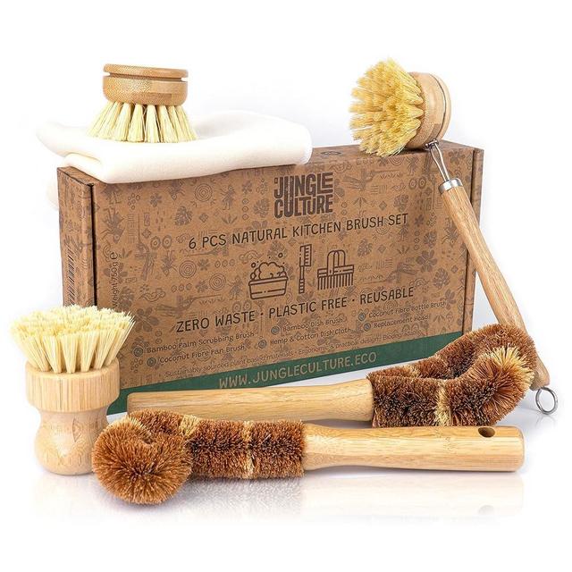 Jungle Culture® 6 Piece Natural Dish Brushes for Washing Up • Eco Dish Brush Kitchen Cleaning Set • Plant Based Coconut Scrubbers • Bottle/Pot Brush & Eco Friendly Scourer Sponge for Pans & Dishes
