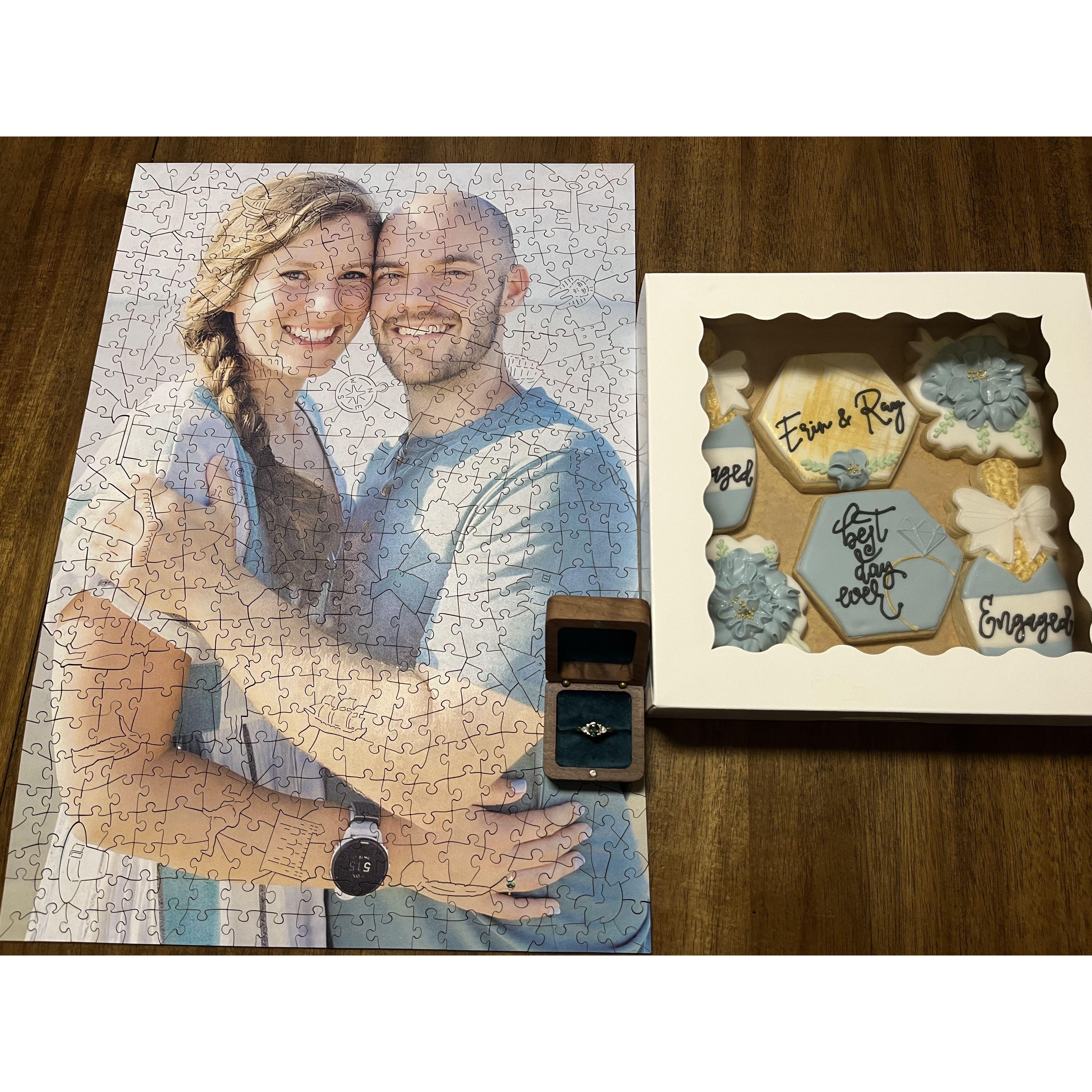 Ray proposed with a custom puzzle that he photoshopped the engagement ring into. Awesome cookies were provided by Matron of Honor Katie!