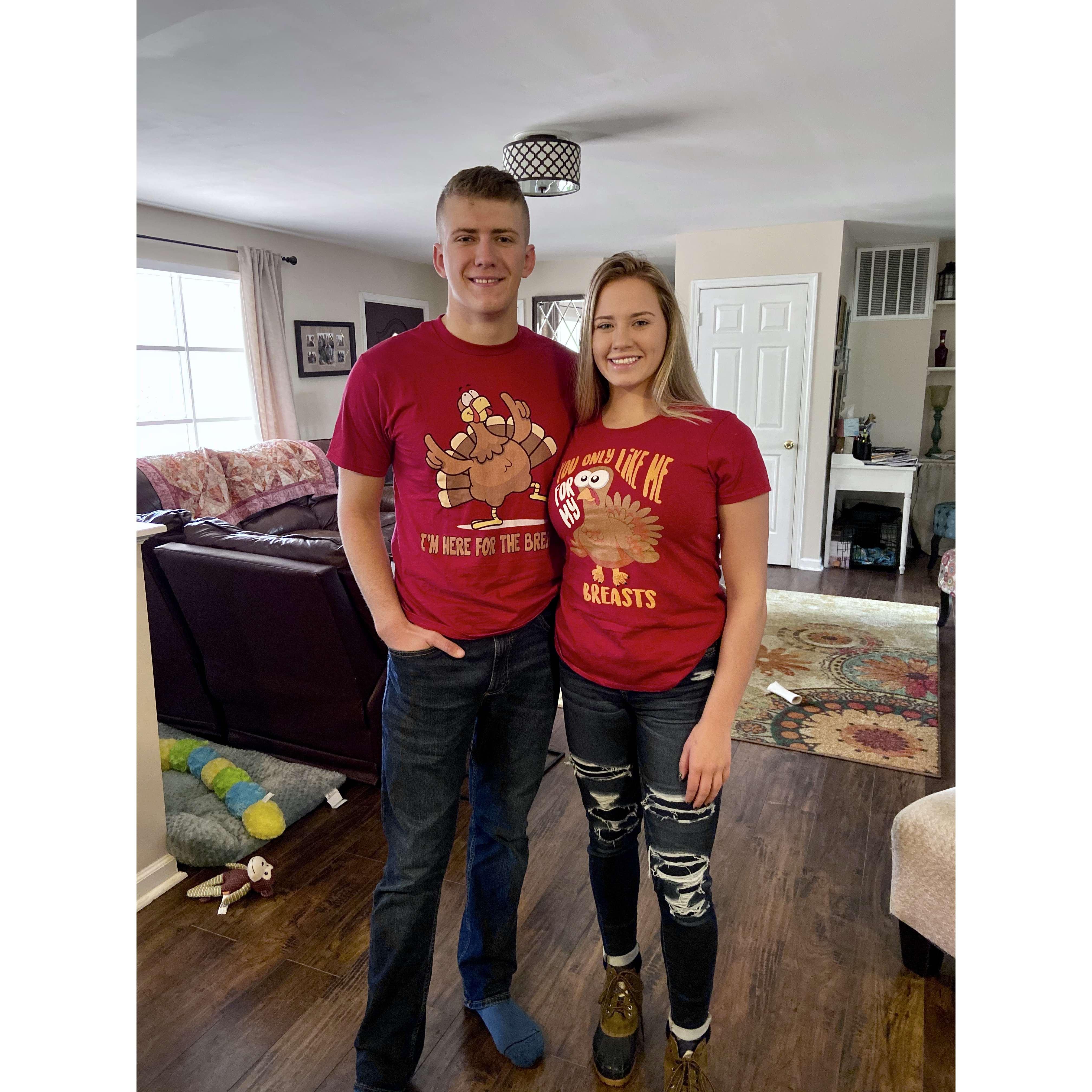 Celebrating our first thanksgiving together. I surprised Jason with these shirts, he never really knew where to look!
