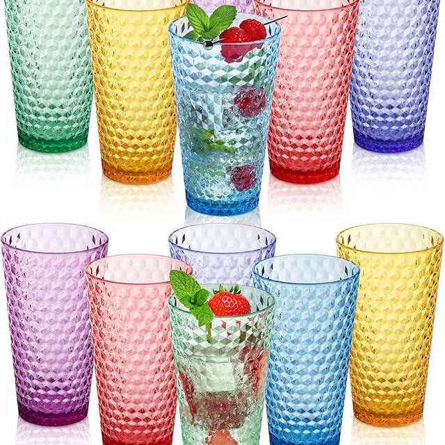 Bravario Laguna Plastic Drinking Glasses, Premium Quality Durable BPA-Free Water Tumblers, Dishwasher-Safe, Stackable Cups in Assorted Colors, 18 oz Set of 12