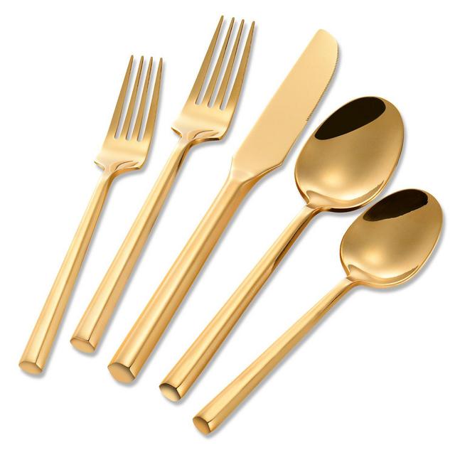 Flatasy Flatware Set Gold Silverware Set Stainless Steel 20 Piece Hexagon Handle Service for 4