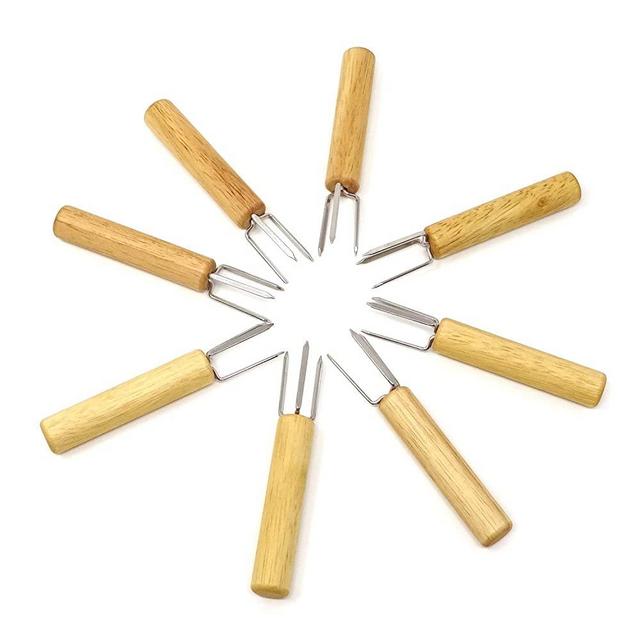 Honbay 8PCS Stainless Steel Corn Holders Corn Cob Holders Corn Forks with Wood Handle for Home Cooking, BBQ Grill