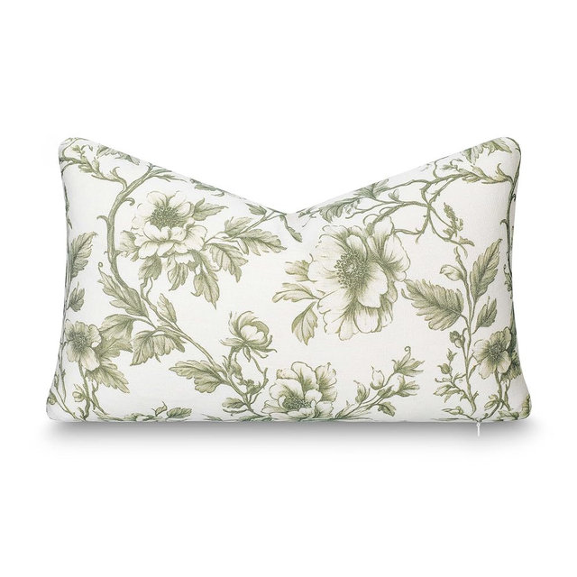 Crumbs Home Modern Farmhouse California Casual Indoor Outdoor Lumbar Pillow Cover, 12"x20" Water Repellent for Patio, Backyard, Couch, Poolside, Oliver Green Print Vintage Chinoiserie Floral