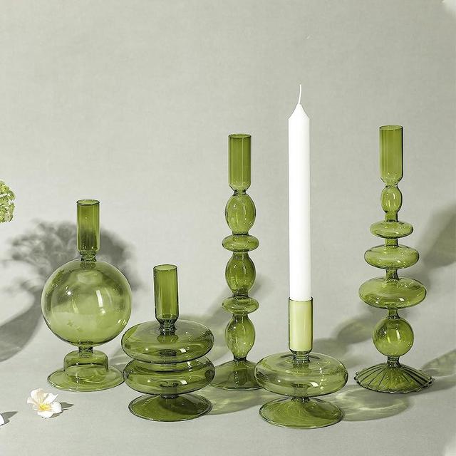 Rtteri 5 Pcs Glass Candlestick Holders Colorful Glass Taper Candle Stand Groovy Candlestick Wavy Glass Candlestick Holders Elegant Glass Candlestick Glass Vases for Home Party Centerpiece (Green)