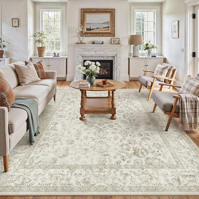 PureCozy 8x10 Taupe Area Rug Non Slip Large Vintage Living Room Distressed Machine Washable Carpet Traditional Indoor Bedroom Taupe Retro Floral Accent Throw Rug for Office Kitchen Dorm Dining Room