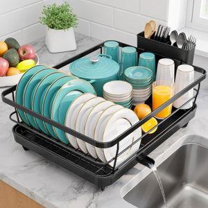 Stainless Steel Dish Drying Rack for Kitchen Counter, Black Sink Organization and Storage Essentials with Silverware & Utensil Holder, Home and Apartment Decor, 12''W x 15.5''L, Black