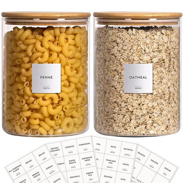 Laramaid 100oz 2Pack Glass Jar Canisters with Minimalist Labels, Round Pantry Jars with Bamboo Lids, Vinyl Customized Labels and White Pen, Food Storage Containers for Home, Kitchen and Pantry