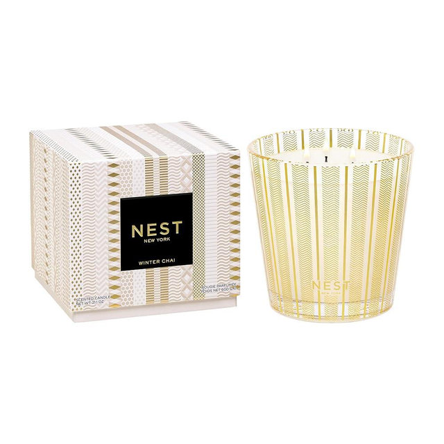 NEST New York Scented 3-Wick Candle, Winter Chai - 21.2 oz - Up to 100-Hour Burn Time - Reusable Glass Vessel