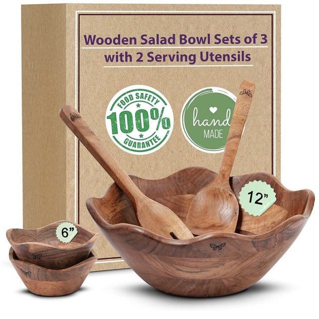 Melvvi Large Wooden Salad Bowl Set with 2 Serving Utensils and 2 Small Bowls | 12" and 6" Acacia Wood Bowls for Food | Mothers Day gift (Natural Set of 5)