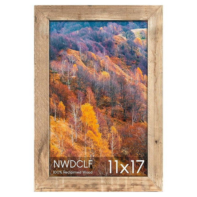 NWDCLF 11x17 Rustic Picture Frame, Reclaimed Barnwood Frame with Real Glass, Distressed Wood Frame for Wall Mount, Farmhouse Country Home Office Cabin Décor