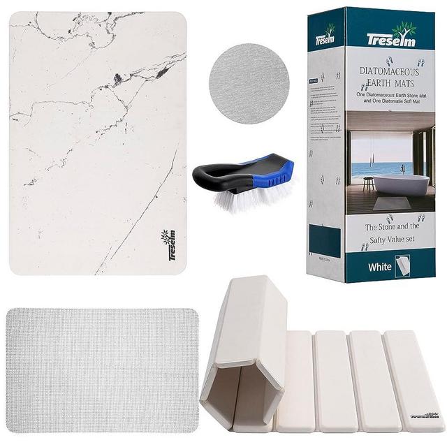Treselm 2PC Rollable Stone Bath Mat and Soft Diatomaceous Earth Bath Mat with Anti Slip Pad and Brush, Super Absorbent and Quick Drying Mat for Shower, Sink & Kitchen (15x23 White)