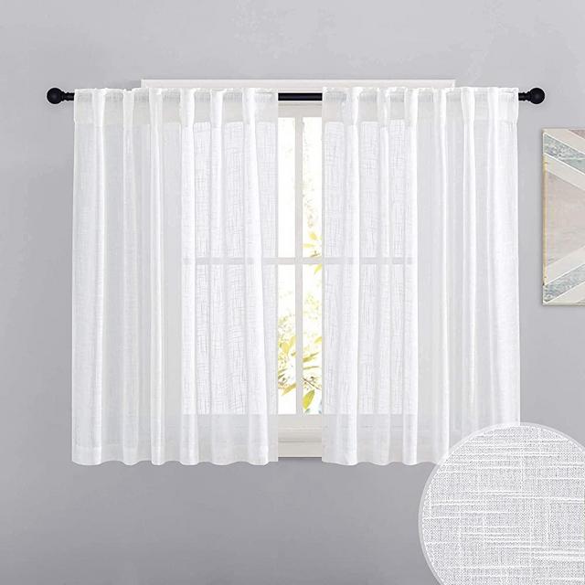 RYB HOME White Curtains for Bedroom - Linen Textured Semi Sheer Curtains Privacy for Bedroom Bathroom Kitchen Dining Office Window, 52 Wide x 45 inches Long, 2 Pcs