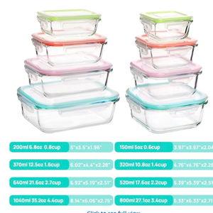 Vtopmart 8 Pack Glass Food Storage Containers with Airtight Lids, Glass Meal Prep Containers, Lunch Containers for Microwave, Oven, Freezer and Dishwasher, BPA Free