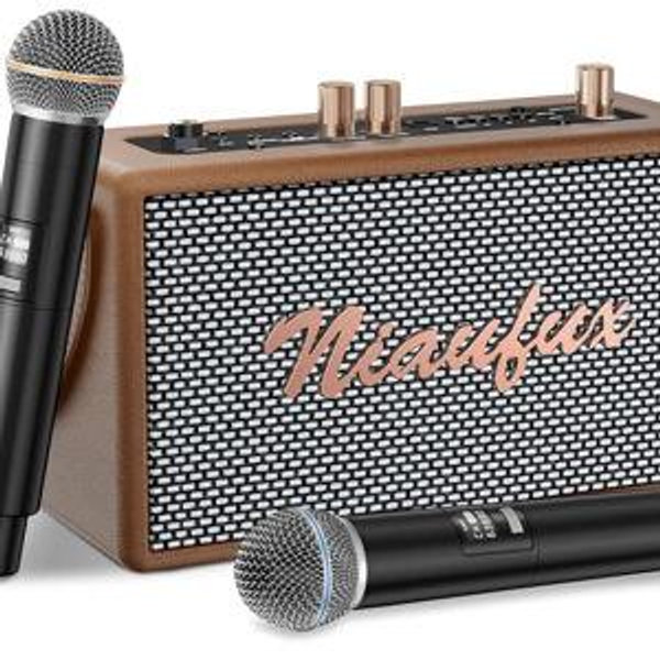 Karaoke Machine, Retro-Design Speaker with 2 Wireless Microphones for Adults & Kids, Portable Karaoke System for Home Party, Bluetooth/AUX/USB/TF/TWS Support, Gifts for Women & Girls - Brown