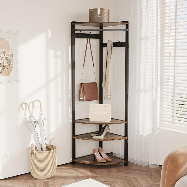 Corner Hall Tree With Shoe Bench Entryway, Corner Coat Rack With 6 Double Hooks, Corner Clothes Rack With Corner Tree With Shoe Bench Shelf,Brown