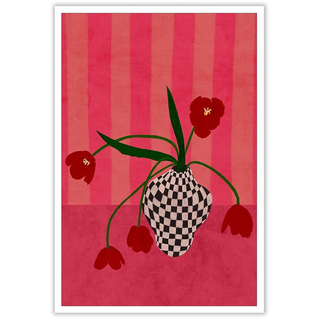 Contemporary, Eclectic Canvas Wall Art Tulips In A Checkered Vase Prints Poster Funny Floral Art Room Aesthetic Wall Decor 12x16in Unframed