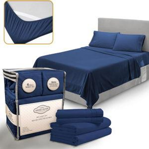 Abeero Home Queen Sheet Set - Luxury Hotel Bed Sheets - Soft Cooling Sheets with Elastic Corner Straps - Deep Pocket Microfiber Bedsheet - Bedding Sheet & Pillowcases - 4 PC (Queen Size, Navy Blue)