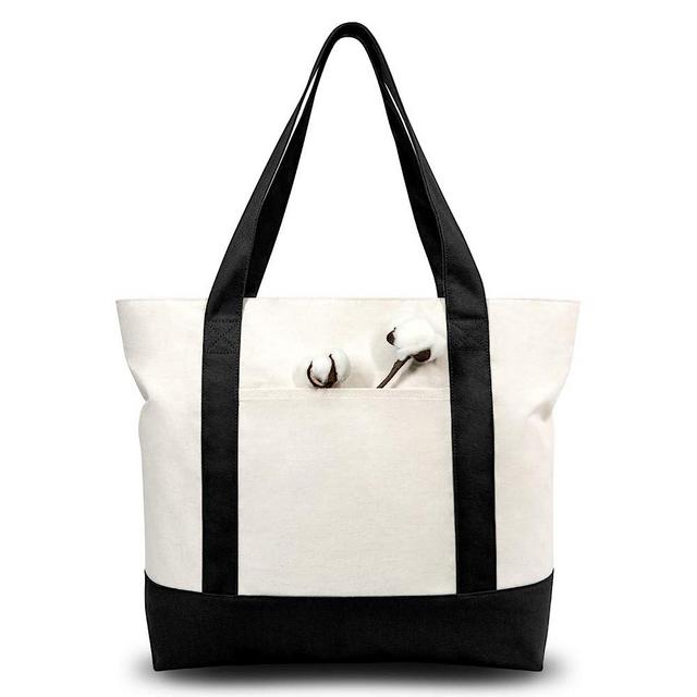 TOPDesign 3-Pack Stylish Canvas Tote Bag with an External Pocket, Top Zipper Closure, Daily Essentials (Black/Natural)