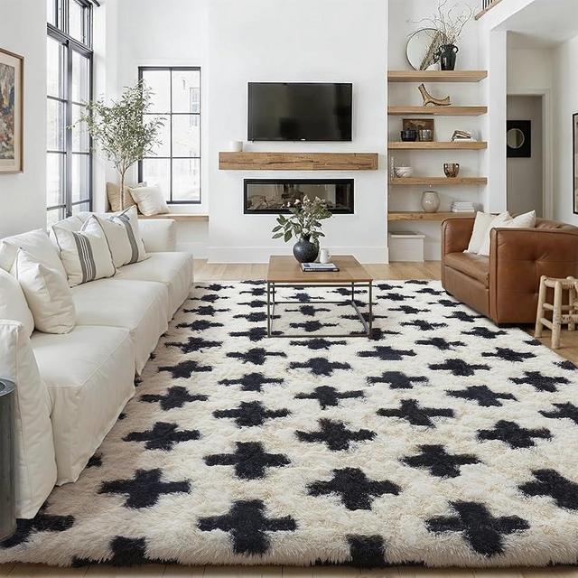 PureCozy Modern Rug 8x10 for Living Room, Black and White Shag Rug Washable Non-Slip Large Area Rug Super Soft Indoor Fuzzy Carpet Fluffy Rugs for Bedroom Home Aesthetic Decor