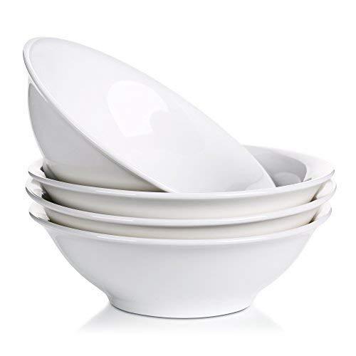 LIFVER 28 Ounce Porcelain Bowl Set, Cereal, Soup, Pasta Bowls, White, Set of 4, 8 Inch