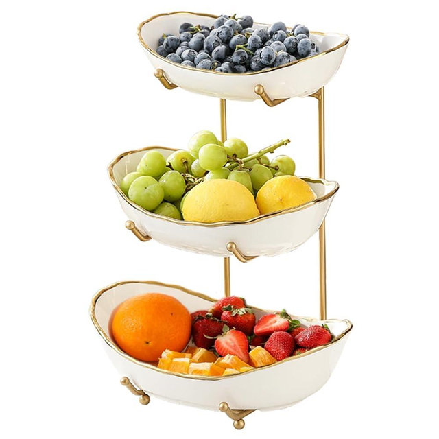 HOMKULA 3 Tier Ceramic Fruit Bowl for Kitchen Counter, Tiered Fruit Basket for Countertop, Modern Multi Layer Fruit Display Stand for Party, Cute & Small (Gold-rimmed)