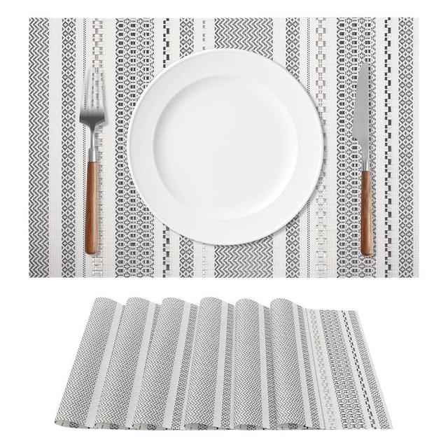 FAVE Boho Vinyl Placemats Set of 6, Durable Woven Place Mats Washable Heat Resistant PVC Table Mats for Parties,Weddings, Dining,Banquet(Gray, 6PCS)