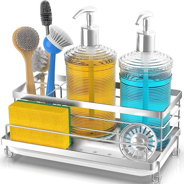 Cisily Sponge Holder for Kitchen, Sink Caddy Organizer, Kitchen Sink Accessories with Drip Tray, Rustproof and Non-slip Kitchen Sink Sponge Holder, Kitchen Essentials for New Home（Silver