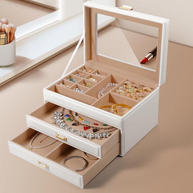 coobest Jewelry Box with Glass Lid, 3 Layer jewelry Holder Organizer, 2 Drawer Jewelry Storage, Earring Ring Necklace Jewelry Tray for Girls, Mothers Day Gifts, Mother's Day Gifts, Gifts for Women