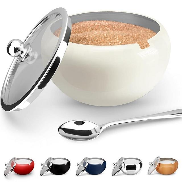 KooK Stainless Steel Sugar Bowl with Lid and Spoon, Serving Dish, Clear Glass Lid, Storage for Salt, Candy, Coffee, Holds 2 Cups, Dishwasher Safe, 16 oz Vintage White Glossy
