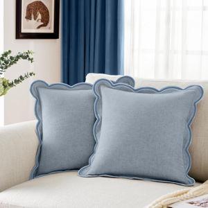 Scalloped Pillow Cover Pack of 2 Spring Chenille Decorative Throw Pillow Covers Cute Boho Couch Pillow Covers Aesthetic Funky Preppy Pillow Cases for Sofa Living Room (Misty Blue, 18x18 Inch)
