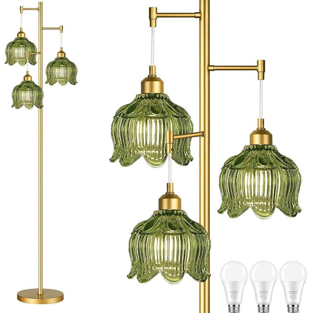 ILLMTW Glass Floor Lamp for Living Room,Bedroom,Gold Mid Century Modern Standing Lamp Brass Tree 3 Light Tall Floor Lamps Vintage Retro Floor Lights Amber Flower Lamp Shade Farmhouse Boho Bohemian