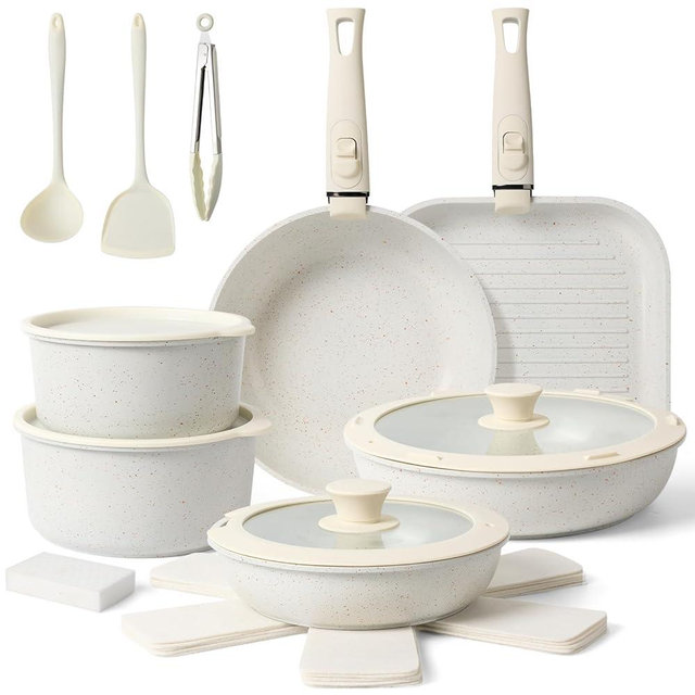 Pots and Pans Set Non Stick 20PCS, Ceramic Cookware Set Detachable Handle Non Toxic Stackable Kithchen Set, Dishwasher Oven Safe Induction Compatiable Frying Pans Pots Skillets, White