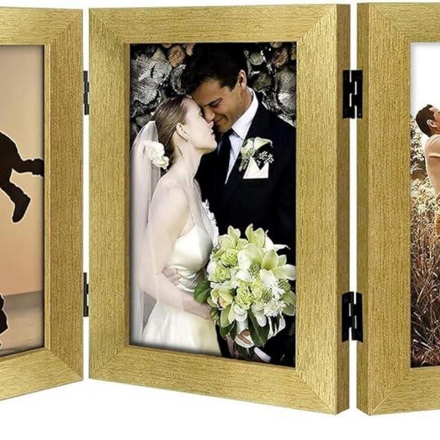 Golden State Art, 5x7 Three Picture Frame Trifold Hinged Photo Frame with 3 Openings, Desk Top Family Picture Collage, with Real Glass (5x7 Triple, Gold, 1-Pack)