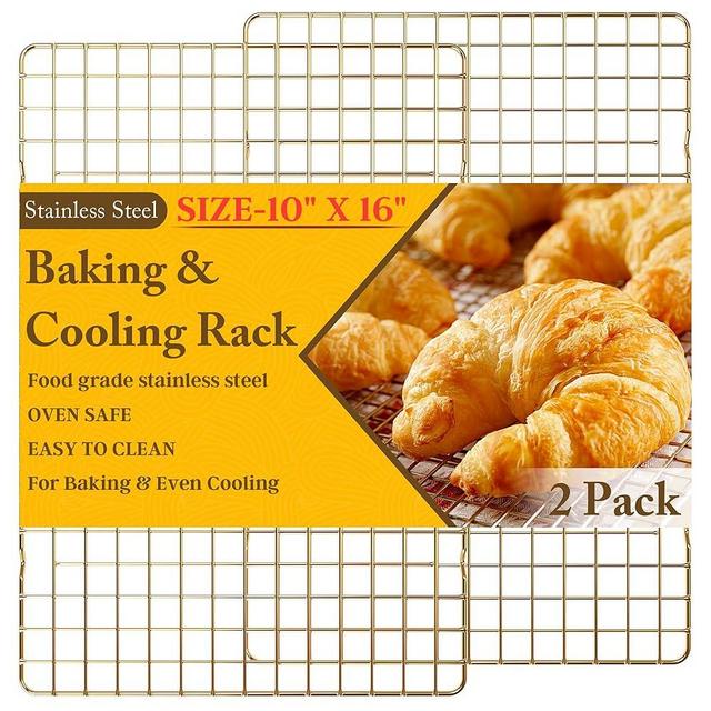 2PCS Cooling Racks for Cooking and Baking - 10" x 16"Heavy Duty Stainless Steel Wire Rack for Baking, Grilling, Roasting - Oven & Dishwasher Safe - Fits Half Sheet Pan（Gold）