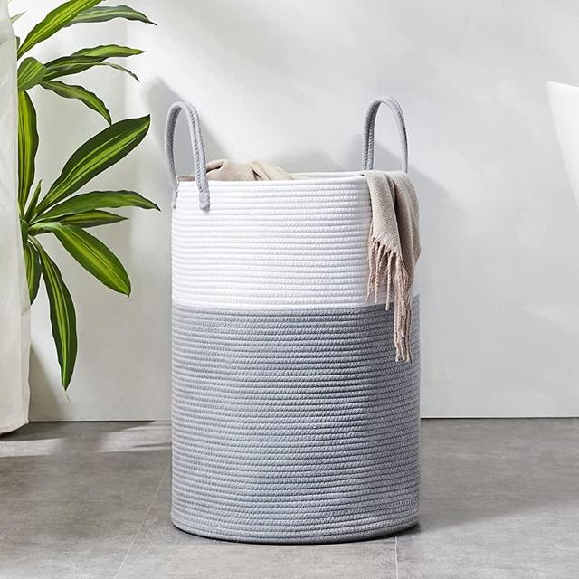 Cotton Rope Laundry Hamper by YOUDENOVA, 72L Woven Collapsible Laundry Basket - Toy & Clothes Storage Basket for Blankets, Laundry Room Organizing, Bedroom Storage, Clothes Hamper - Grey & White