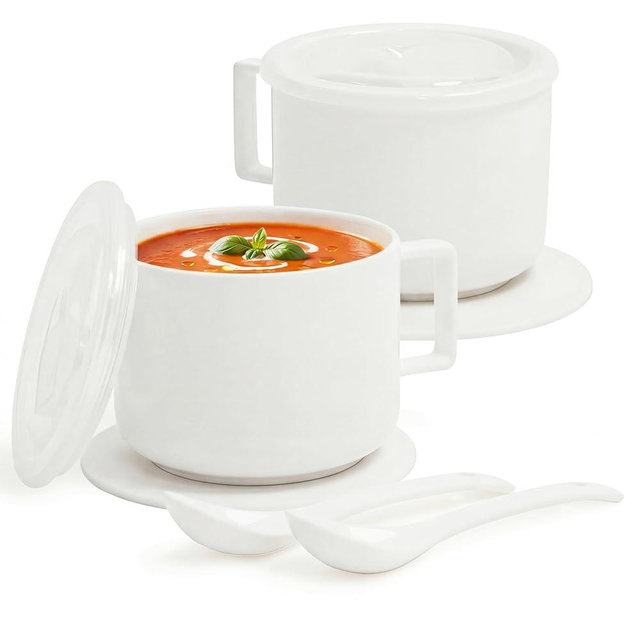 Presva Ceramic Soup Bowls with Handles & Lids, 30oz Soup Mug Set, Microwave & Dishwasher Safe Ramen Bowls for Soup, Cereal & Oatmeal, with Spoon & Trivet, Set of 2, White