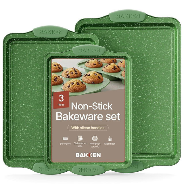 BAKKEN Kitchen Baking Pan Set - Nonstick Green Marble Coating, Carbon Steel Bakeware Sets with Green Silicone Handles, Kitchen Essentials, PFOA, PFOS, PTFE Free, Oven Safe (Up To 450° F), Set of 3