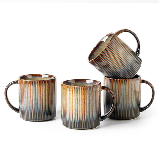 theterra Ceramic Coffee Mugs Set of 4, 14.2oz Handmade Coffee Cups with Handle for Latte, Tea, Milk, Beer, Hot Cocoa, Coca Mocha