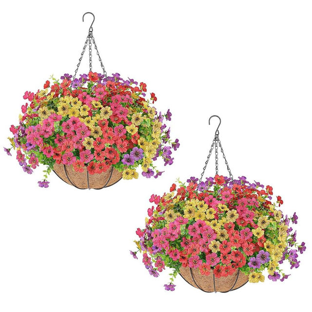 Artificial Flowers Hanging Plants in Basket,Artificial Hanging Flowers for Outdoor Indoor Decor,UV Resistant hanging Baskets with Fake Flowers for Spring Summer Patio Garden Porch Deck Home Decor