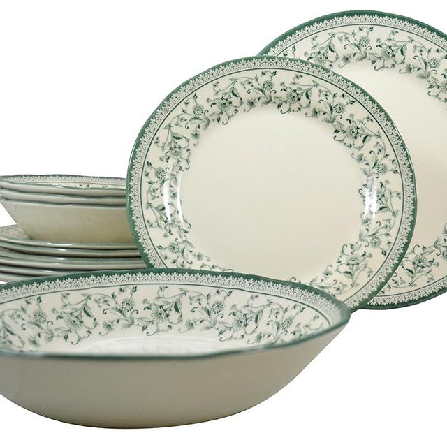 Tudor Royal 12-Piece Round Porcelain Dinnerware Set, Service for 4 - Aster Green Design, Multicolor Floral, Plates Bowls Mugs Dishes, Premium Quality Tableware, Unique Pattern, Glossy