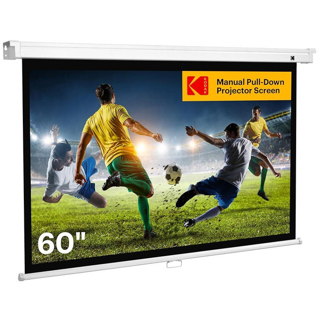 KODAK Manual Pull-Down White Projector Screen 60" Inch | Large 16:9 Office, Home Movie Theater Screen with Wall & Ceiling Mount Options, Easy-Clean Matte Fabric & Retractable Hanging Design | Indoor.