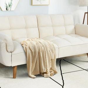 IVORY - Kamaren Full 75.39" Futons Upholstered Convertible Sofa - Ivory Polyester Blend