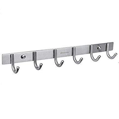 HOMEIDEAS Coat Hook Rack Wall Mounted 16-Inch SUS304 Stainless Steel Brushed Nickel Hook Rail with 6 Heavy Duty Hooks