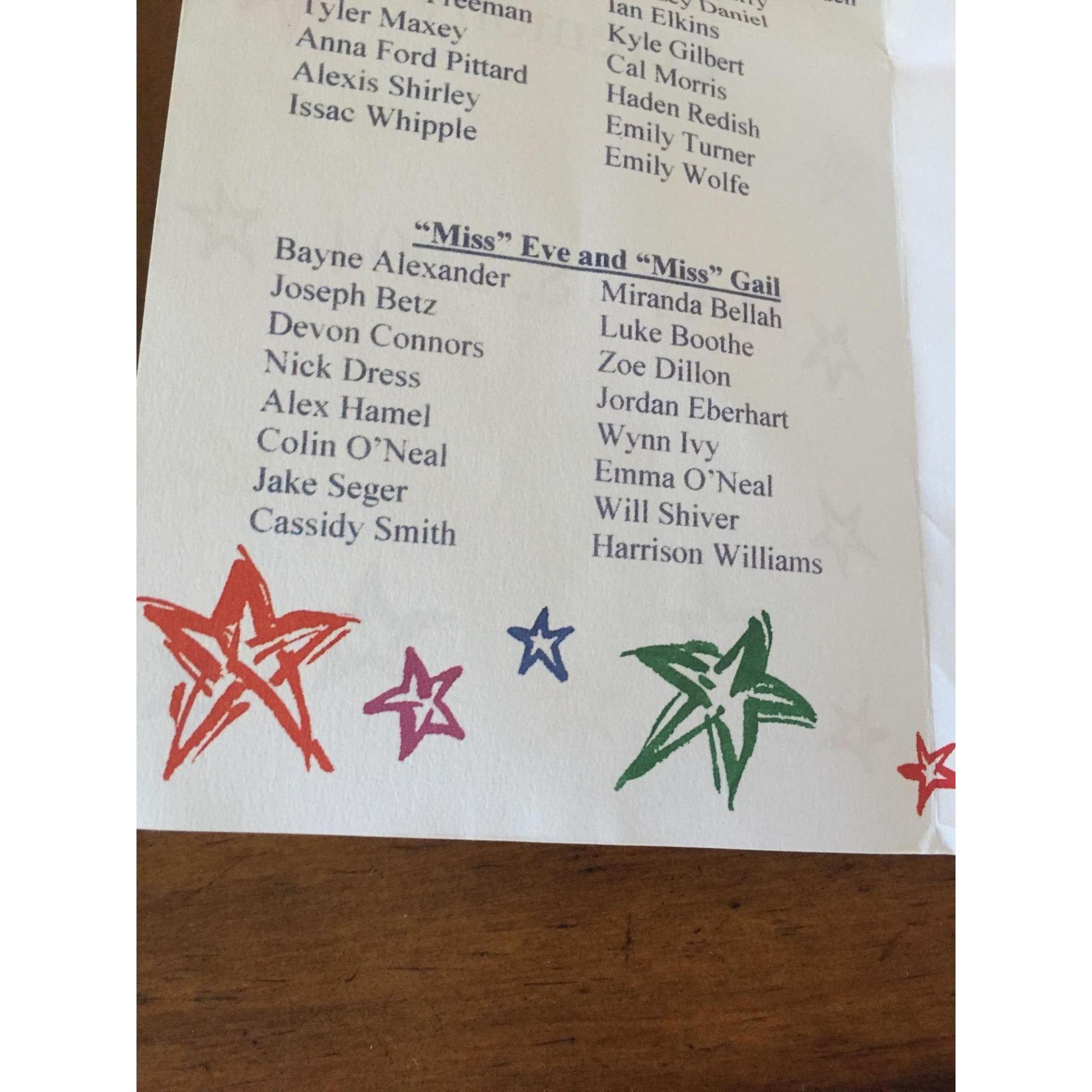 The Friendship Preschool Graduation Ceremony pamphlet with our names next to each other